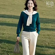 【初色】韓版單排釦披肩海軍領長袖開衫針織上衣+純色休閒褲寬褲長褲套裝-共2色-15339(M-2XL可選) 2XL 綠衣杏褲