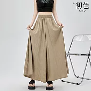 【初色】休閒慵懶風清涼寬鬆純色冰絲鬆緊腰九分褲裙山本褲闊腿褲寬褲長褲-共4色-15328(M-2XL可選) M 卡其色