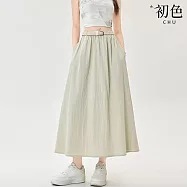 【初色】洋氣時髦純色輕薄透氣收腰修身垂順顯瘦大擺A字裙中長裙半身裙-共3色-15329(M-XL可選) M 杏色