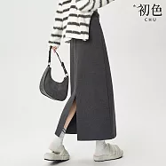 【初色】簡約毛呢鬆緊高腰後開衩顯瘦A字中長半身裙長裙-共3色-15352(M-XL可選) M 深灰色
