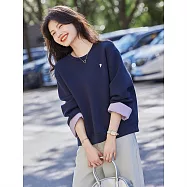 【MsMore】 時尚休閒百搭寬鬆愛心繡花拼色長袖上衣# 125892 XL 藏青色