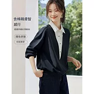 【MsMore】 撞色拼接假兩件長袖襯衫領上衣# 126010 2XL 藏青色