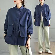 【ACheter】 鬆弛隨性中長款工裝立領風衣外套# 126128 L 藏青色