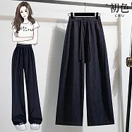 【初色】美式復古天絲直筒綁帶鬆緊腰大碼闊腿牛仔褲休閒褲寬褲長褲-深藍色-15323(M-5XL可選) M 深藍色