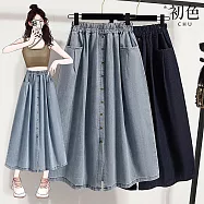 【初色】清涼休閒百搭寬鬆鬆緊腰排釦鈕扣收腰裙子牛仔裙A字裙中長裙-共2色-15322(M-4XL可選) M 淺藍色