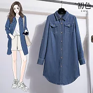 【初色】純色排釦口袋翻領牛仔中長連衣裙連身洋裝-藍色-15311(M-4XL可選) M 藍色
