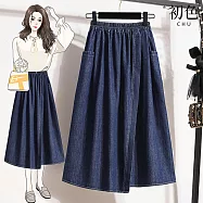 【初色】韓版文藝風寬鬆顯瘦純色高腰不規則開衩A字牛仔中長裙半身裙-深藍色-15309(M-4XL可選) M 深藍色