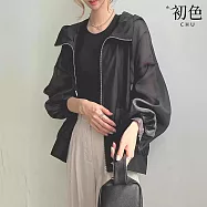 【初色】簡約風時尚輕薄透氣遮陽純色連帽長袖防曬外套女外套-共7色-15425(F可選) F 黑色