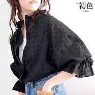 【初色】日系純色刺繡鏤空木耳邊高領長袖寬鬆襯衫上衣女上衣-共3色-15417(M-XL可選) M 黑色