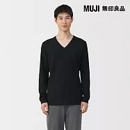 【MUJI 無印良品】男棉保暖厚織V領長袖T恤 S 黑色
