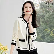【初色】小香風圓領撞色單排釦長袖針織衫上衣女上衣-米白色-15561(F可選) F 米白色