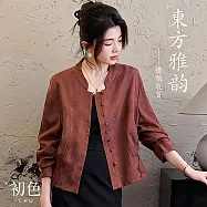 【初色】新中式純色立領單排釦緹花包釦長袖外套上衣女上衣-共2色-15513(M-2XL可選) M 暗紅色