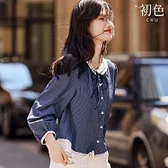 【初色】甜美風圓領單排釦蕾絲條紋拼接長袖上衣女上衣-藏青色-15484(M-2XL可選) M 藏青色