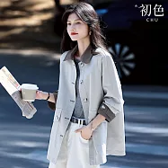 【初色】簡約顯瘦寬鬆翻領單排扣長袖工裝風衣大衣外套女外套-共2色-15505(M-2XL可選) M 藍色