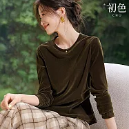【初色】純色霧面植絨圓領長袖抽皺收腰修身內搭打底T恤上衣女上衣-咖綠色-15508(M-2XL可選) M 咖綠色