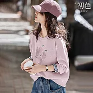 【初色】日系圓領印花假兩件拼接格紋袖長袖T恤上衣女上衣-共3色-15490(M-2XL可選) M 紫粉色