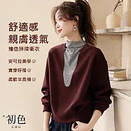 【初色】休閒撞色拼接條紋假兩件半高領長袖衛衣寬鬆T恤上衣女上衣-安可拉紅-15492(M-2XL可選) M 安可拉紅