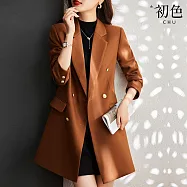 【初色】商務風純色修身中長款雙排釦翻蓋口袋西裝領長袖西裝外套女外套-共3色-15658(M-4XL可選) M 咖色