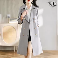 【初色】純色簡約西裝領雙排扣腰帶收腰顯瘦中長版風衣外套女外套-共2色-15659(M-4XL可選) M 灰色