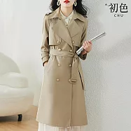 【初色】純色簡約西裝領雙排扣腰帶收腰顯瘦中長版風衣外套女外套-共2色-15659(M-4XL可選) XL 卡其色