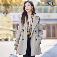 【初色】簡約純色口袋排釦長袖翻領中長款外套女外套-共3色-15663(M-4XL可選) XL 米色