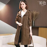 【初色】簡約風純色連帽長袖拉鍊風衣大衣外套女外套-共2色-15666(M-4XL可選) XL 咖色