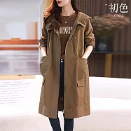 【初色】簡約風純色連帽長袖拉鍊風衣大衣外套女外套-共2色-15666(M-4XL可選) 2XL 卡其色
