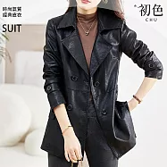 【初色】美式純色翻領長袖排釦口袋束腰中長款皮衣外套女外套-黑色-15670(M-4XL可選) M 黑色