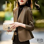 【初色】簡約修身短版純色三粒扣V領長袖皮衣外套女外套-共3色-15672(M-4XL可選) M 咖色