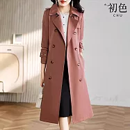 【初色】英倫風純色西裝領七分袖雙排扣收腰綁帶中長款風衣外套女外套-共2色-15673(M-4XL可選) 3XL 深粉色