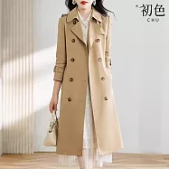 【初色】英倫風純色西裝領七分袖雙排扣收腰綁帶中長款風衣外套女外套-共2色-15673(M-4XL可選) 2XL 卡其色