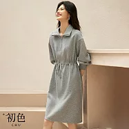 【初色】休閒風純色抽繩收腰POLO領落肩長袖中長衛衣連衣裙連身洋裝長洋裝-灰色-15503(M-2XL可選) M 灰色