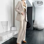 【初色】簡約純色釦子翻領長袖外套女外套+口袋西裝褲休閒褲寬褲長褲套裝-共4色-15679(M-4XL可選) 3XL 杏色