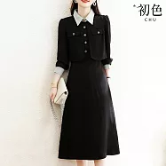 【初色】簡約撞色POLO領單排釦假兩件中長裙連衣裙連身洋裝-黑色-15548(M-2XL可選) M 黑色