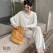 【初色】慵懶風寬鬆圓領蝙蝠長袖T恤上衣+垂感純色闊腿休閒褲寬褲長褲套裝-共4色-15550(F可選) F 米白色