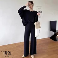 【初色】慵懶風寬鬆圓領蝙蝠長袖T恤上衣+垂感純色闊腿休閒褲寬褲長褲套裝-共4色-15550(F可選) F 黑色