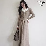 【初色】撞色假兩件翻領長袖針織衫上衣女上衣+純色鬆緊腰半身裙套裝-共2色-15553(F可選) F 燕麥色