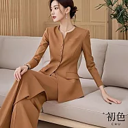 【初色】簡約純色單排釦長袖上衣女上衣+素色西裝闊腿褲長褲套裝-卡其色-15678(M-4XL可選) 2XL 卡其色