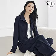 【初色】休閒風純色修身拉鍊翻領長袖外套上衣女上衣+鬆緊腰抽繩寬褲長褲套裝-藏青色-15535(M-2XL可選) 2XL 藏青色