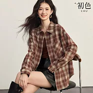 【初色】經典復古蘇格蘭格紋格子翻領排扣長袖單口袋襯衫寬鬆外套上衣女上衣-紅棕色-15495(M-2XL可選) 2XL 紅棕色