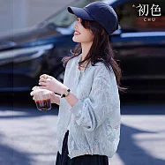 【初色】清涼休閒輕薄透氣紗網刺繡圓領長袖防曬排釦外套女外套-共2色-15514(M-2XL可選) M 藍色