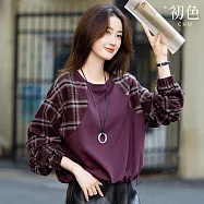 【初色】韓系復古風拼接格紋圓領長袖T恤上衣女上衣-紫色-15520(M-2XL可選) L 紫色