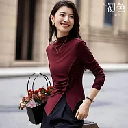 【初色】簡約純色不對稱高領修身長袖內搭上衣女上衣-共2色-15529(M-2XL可選) M 酒紅色