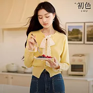 【初色】甜美風蕾絲蝴蝶結花邊圓領長袖針織衫襯衫上衣女上衣-黃色-15531(M-XL可選) M 黃色