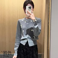 【初色】休閒簡約花朵刺繡圓領排扣長袖針織開衫外套上衣女上衣-灰色-15532(M-XL可選) XL 灰色