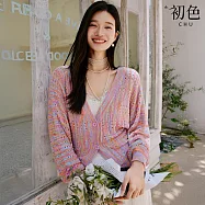 【初色】彩虹條紋薄款V領長袖針織衫外套女外套-共2色-15534(M-XL可選) M 粉紅色