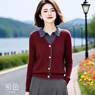 【初色】休閒撞色拼接假兩件排扣翻領長袖針織毛衣上衣女上衣-酒紅色-15641(F可選) F 酒紅色