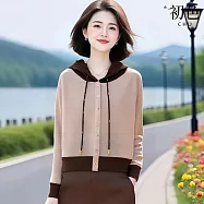 【初色】休閒撞色排釦連帽領抽繩長袖帽T上衣女上衣-杏色-15645(F可選) F 杏色