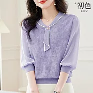 【初色】法式純色雪紡小領結冰絲針織七分袖上衣女上衣-共4色-15587(F可選) F 紫色