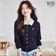 【初色】簡約修身假兩件拼接撞色長袖針織衫-15款任選-15621(F可選) F H.藏青色